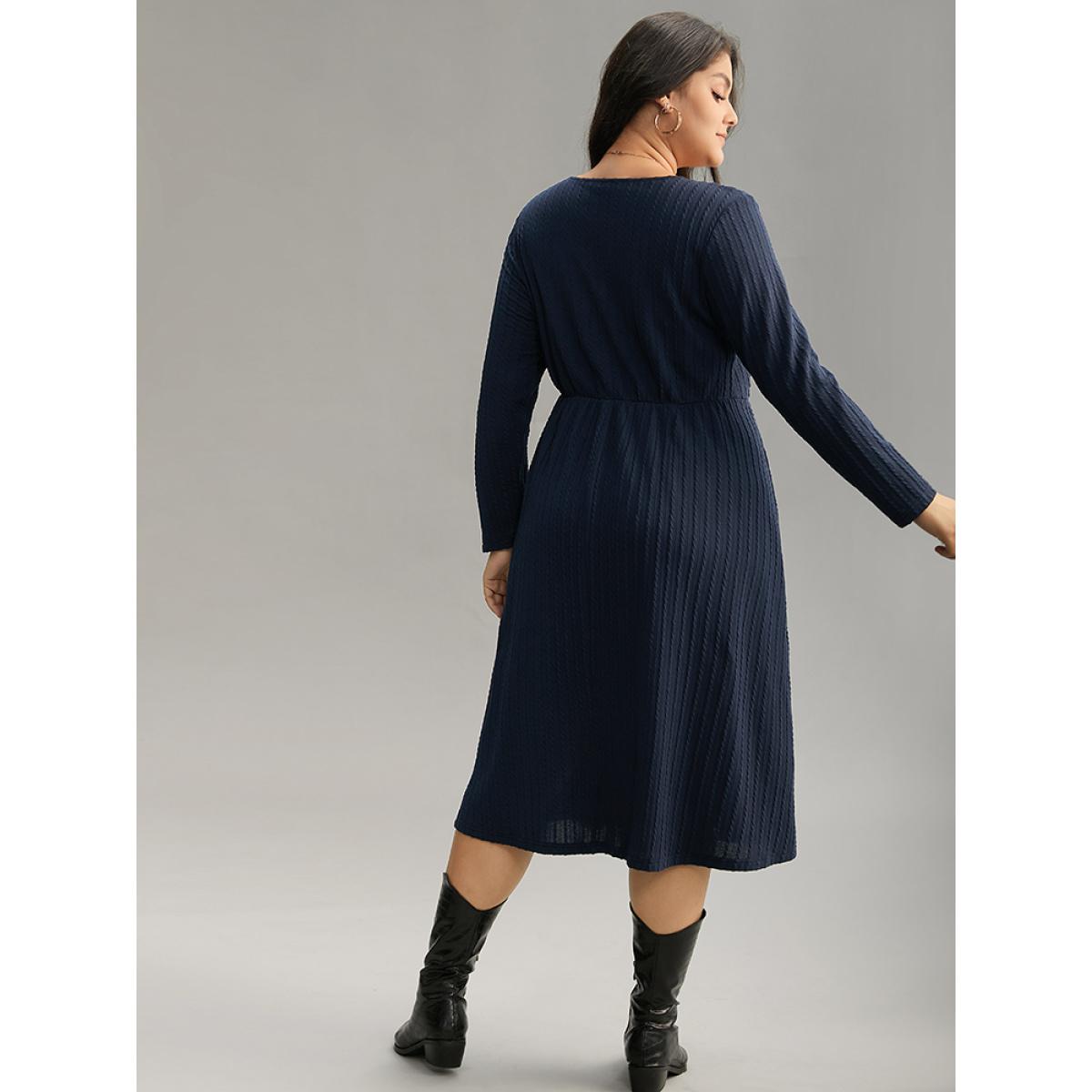 Plus Size Solid Appliques Button Detail Elastic Waist Dress Midnight Women Casual Texture Deep V-neck Long Sleeve Curvy Midi Dress BloomChic 12/L Product Image