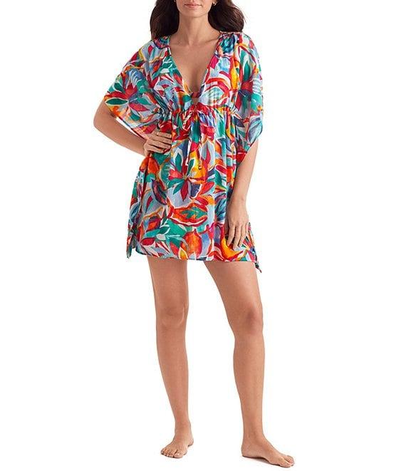 Mimi Flamingo Radiant Floral Dune V-Neck Short Sleeves Mini Caftan Swim Cover-Up Product Image