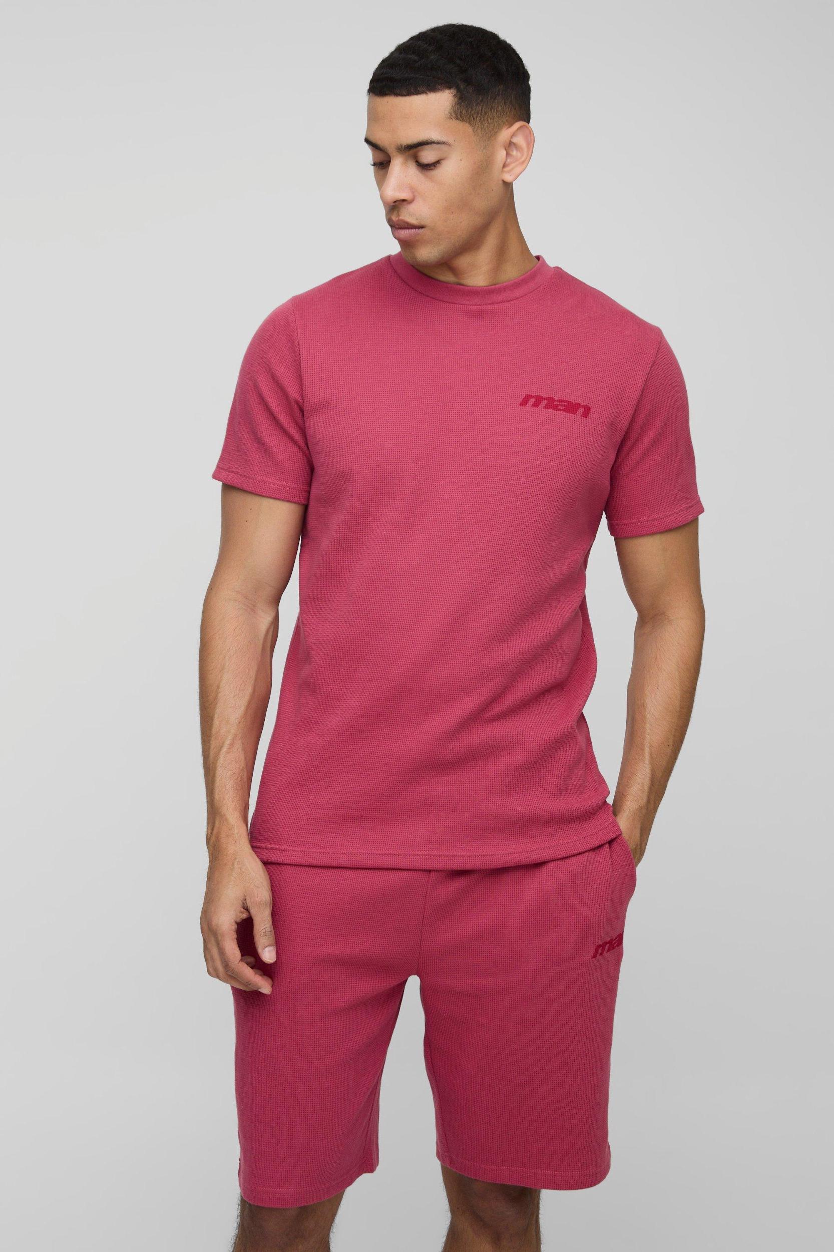 Slim Waffle Tonal MAN Print T-Shirt | boohooMAN USA Product Image