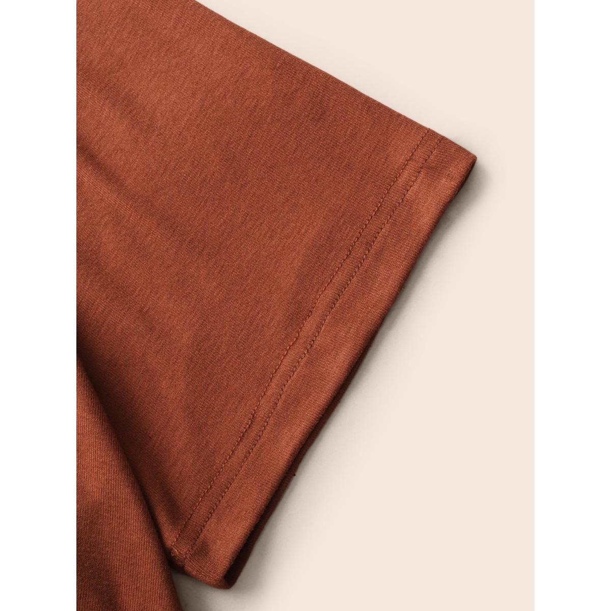 Plus Size V Neck Button Detail Ruched T-shirt Maroon Women Elegant Gathered V-neck Bodycon Everyday T-shirts BloomChic 14-16/1X Product Image