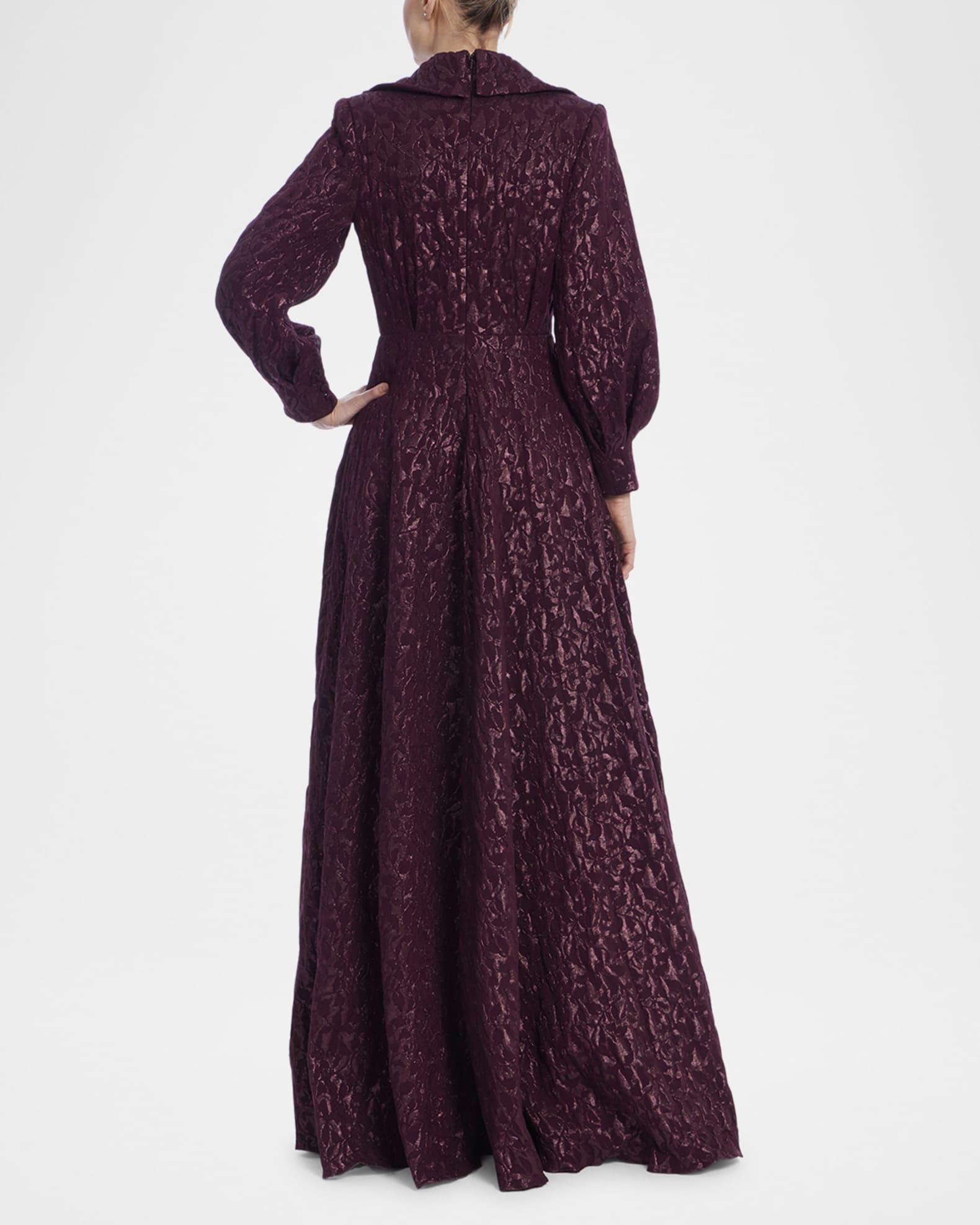 Deep V-Neck Metallic Jacquard Bow Gown Product Image