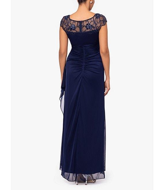 Xscape Beaded Yoke Cap Sleeve Illusion Round Neck Ruched Cascade Ruffle Side Gown Product Image