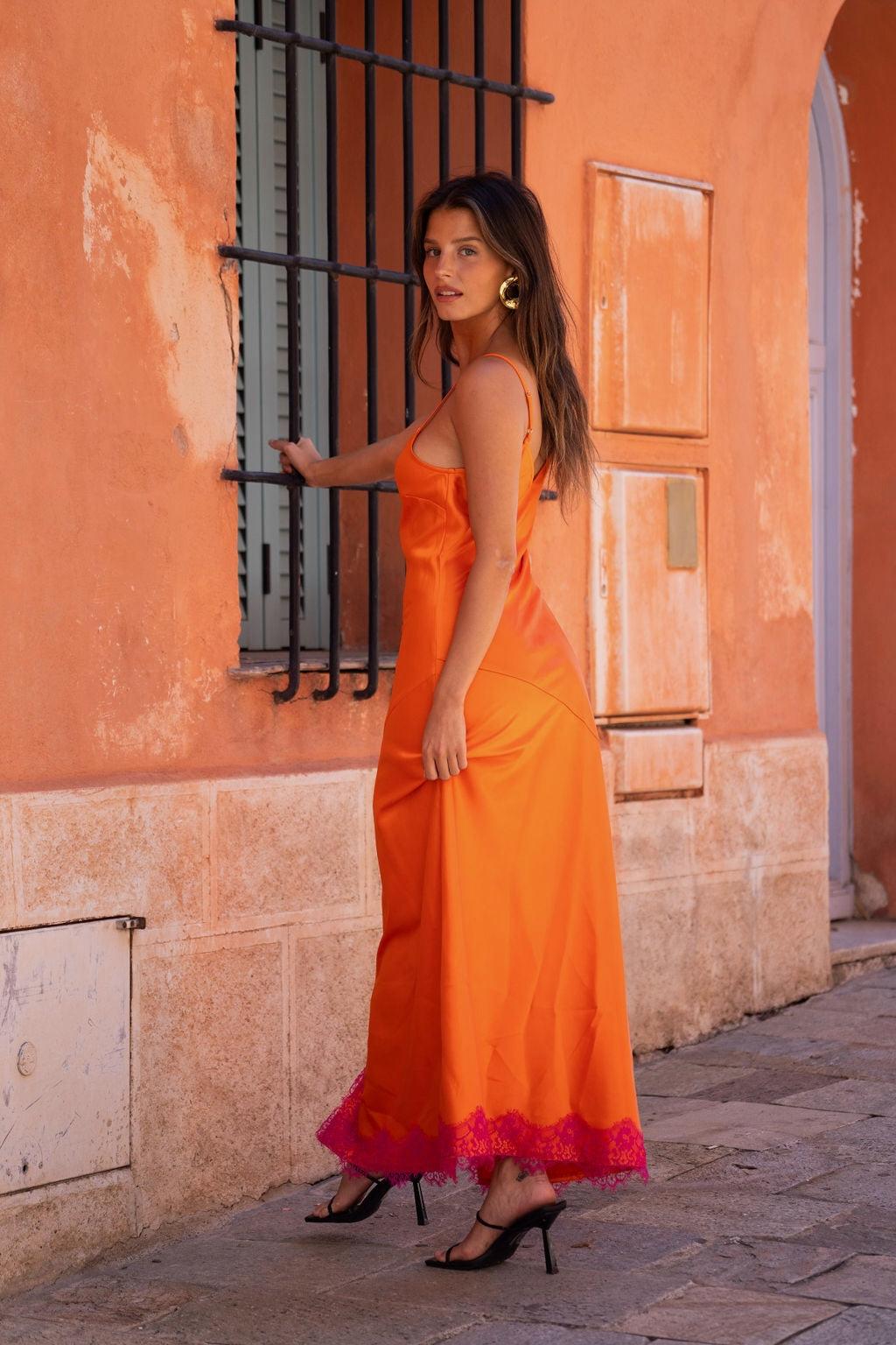 Gigi Orange Satin Maxi Dress Product Image