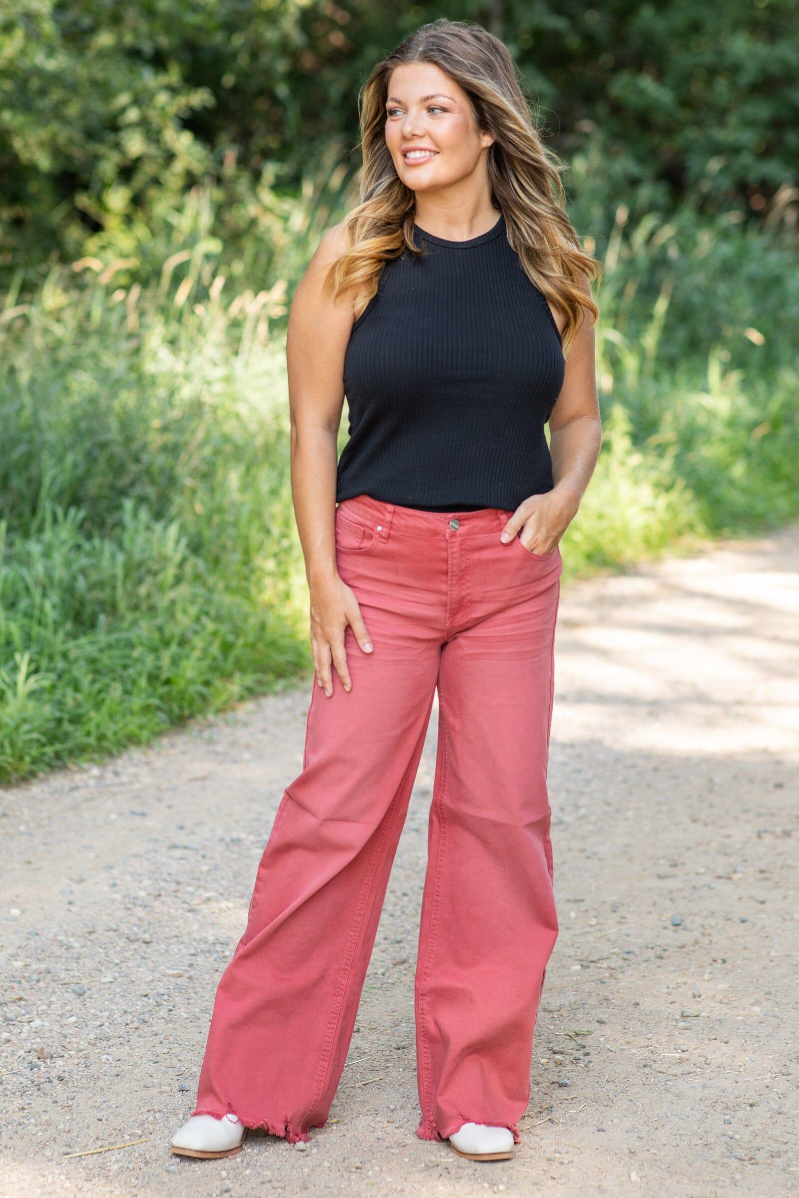 Risen Wine Wide Leg Fray Hem Jeans Product Image