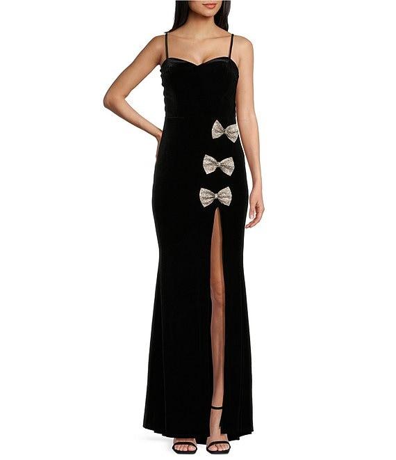 City Vibe Spaghetti Strap Velvet Long Rhinestone Bows Dress Product Image