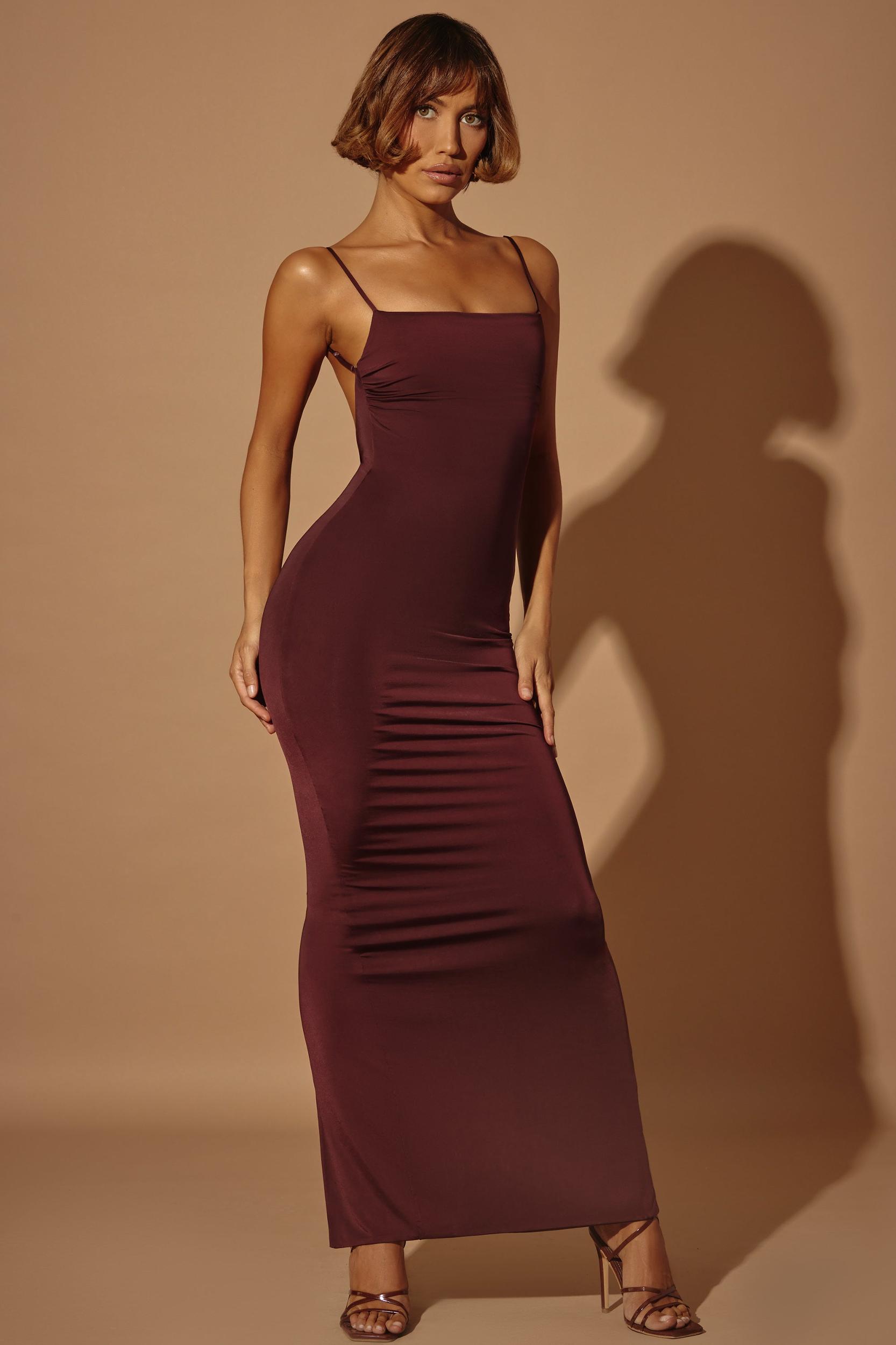 Ruched Bodycon Maxi Dress in Brown Product Image