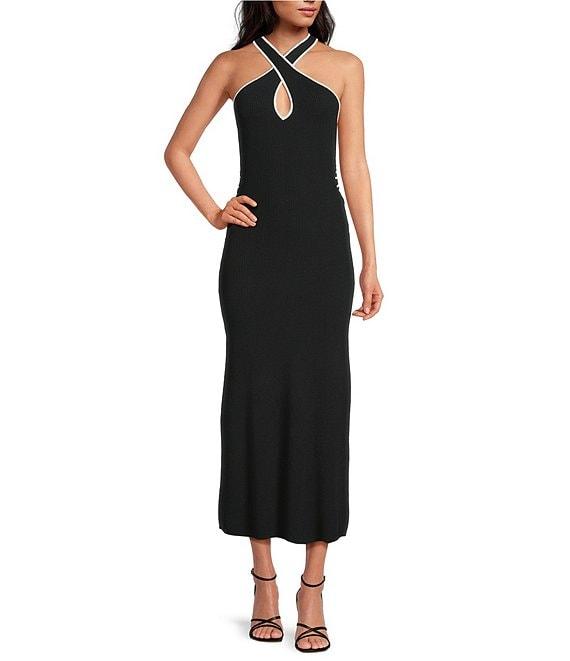 Gianni Bini Peep Halter Sleeveless Cut-Out Ribbed Knit Bodycon Maxi Dress Product Image