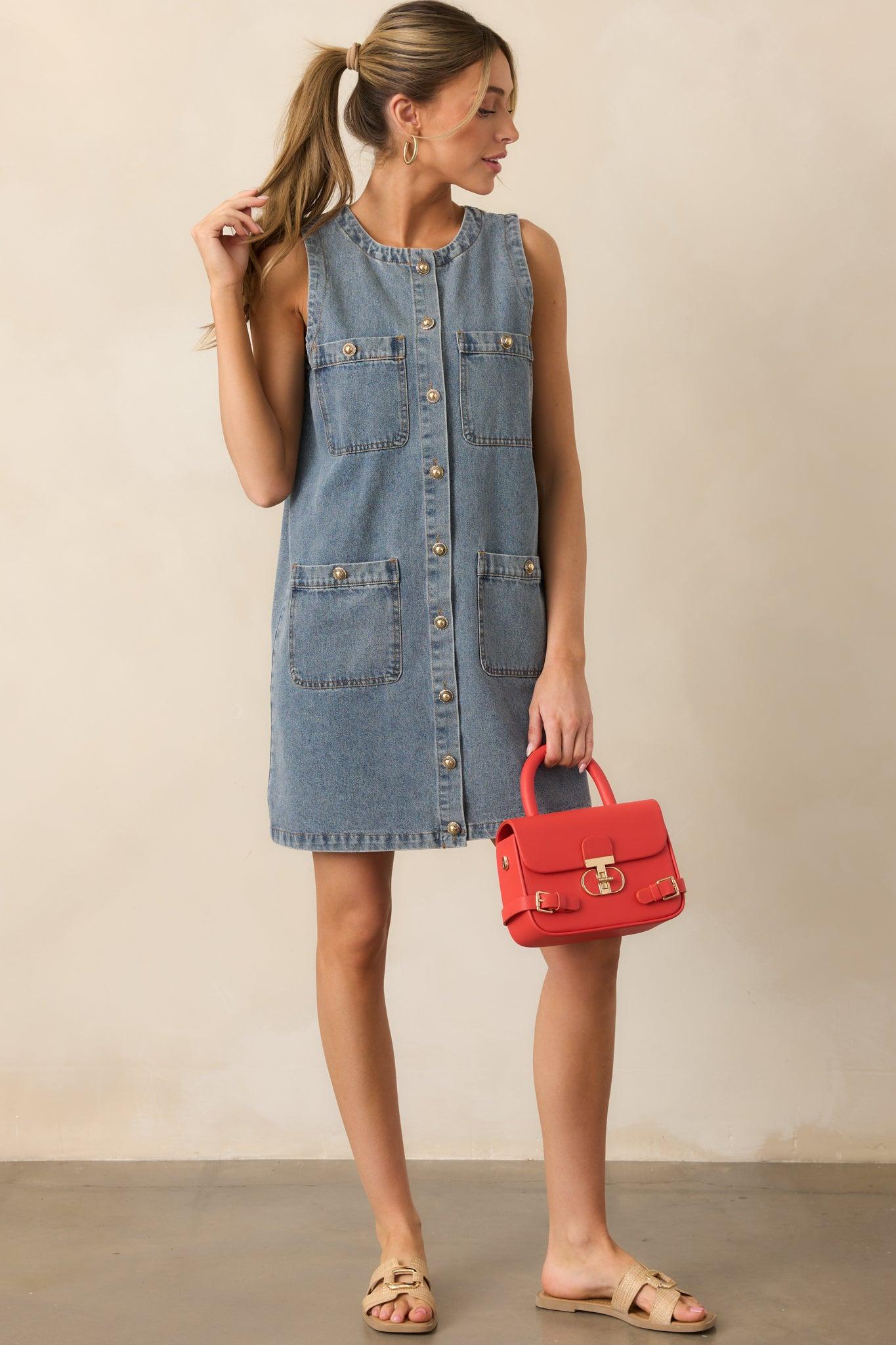 Urban Legend Medium Wash Button Front Denim Mini Dress Product Image