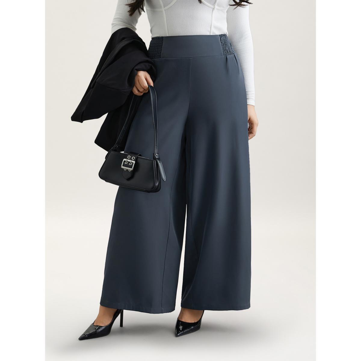 Plus Size Shirred Waist Stretchy Wide-Leg Pants Women Stone At the Office Wide Leg Mid Rise Work Pants BloomChic 26/4X Product Image