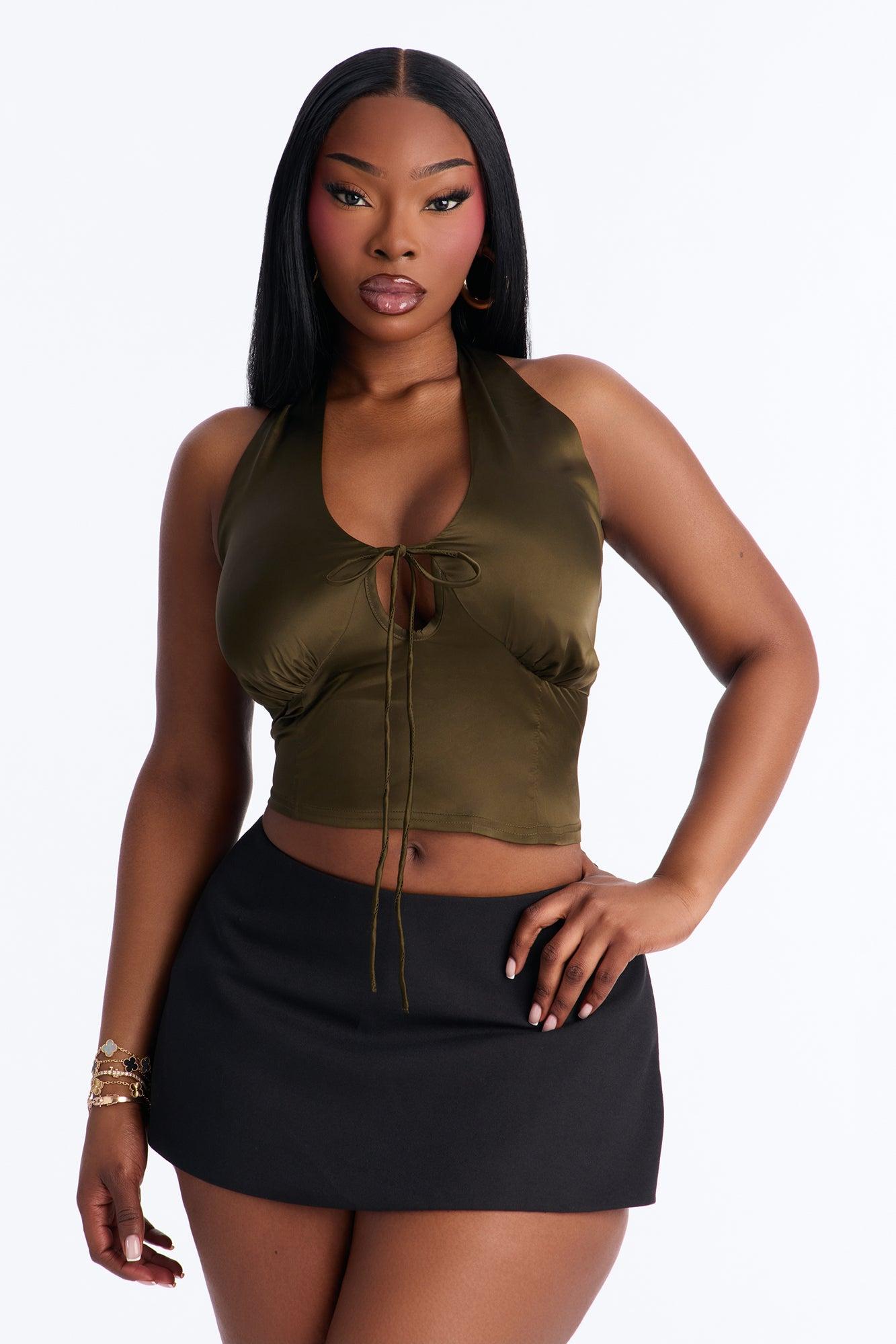 Midnight Mischief Tie Front Satin Halter Top - Dark Olive Female Product Image