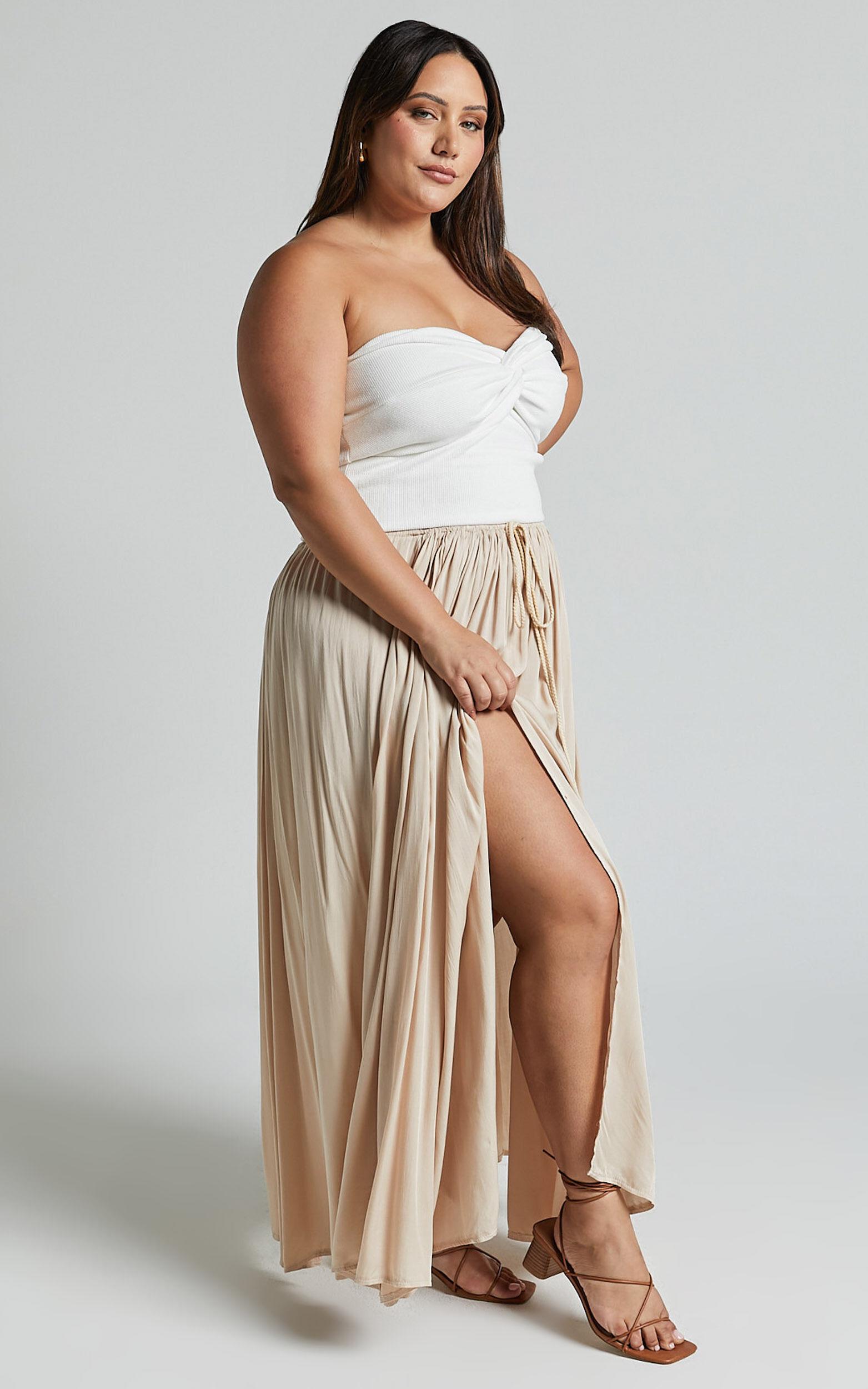 Under The Twilight Maxi Skirt - Thigh Split Skirt in Beige Product Image