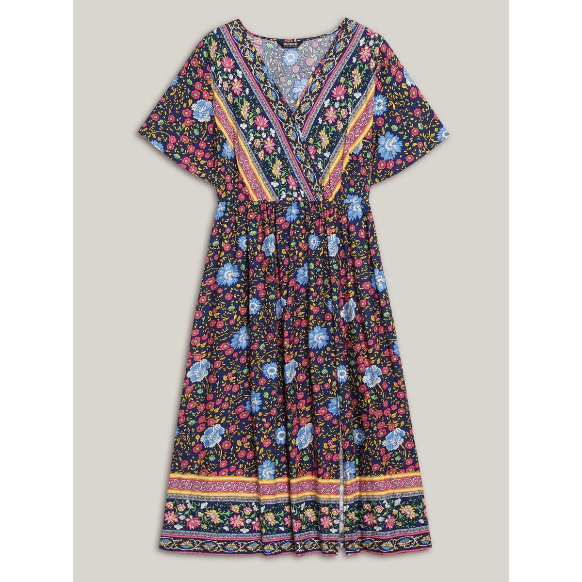 Plus Size Rayon Floral Print Stretchy Waist Midi Dress Indigo Women Slit Overlap Collar Short sleeve Curvy BloomChic 22-24/3X Product Image