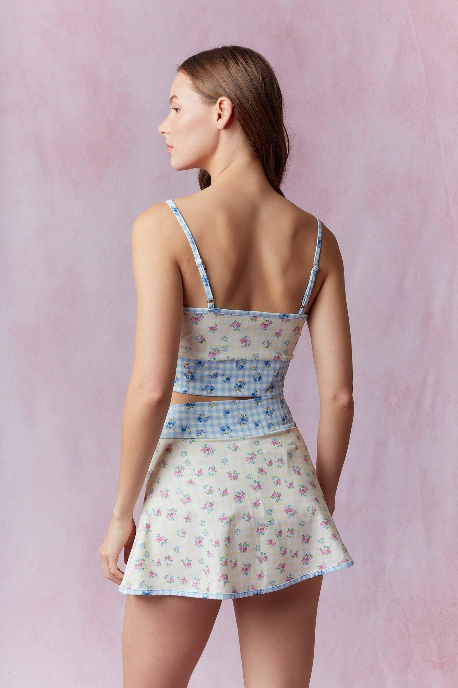 Gingham Floral Print Patchwork Sporty Mini Skort Product Image