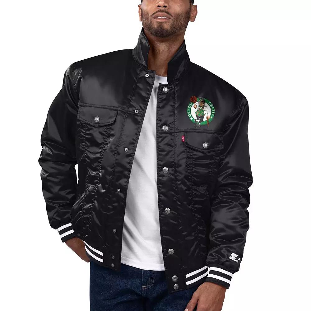 Men's Starter x Levi's Black Boston Celtics Silver Label Trucker Satin Full-Snap Jacket,  Product Image