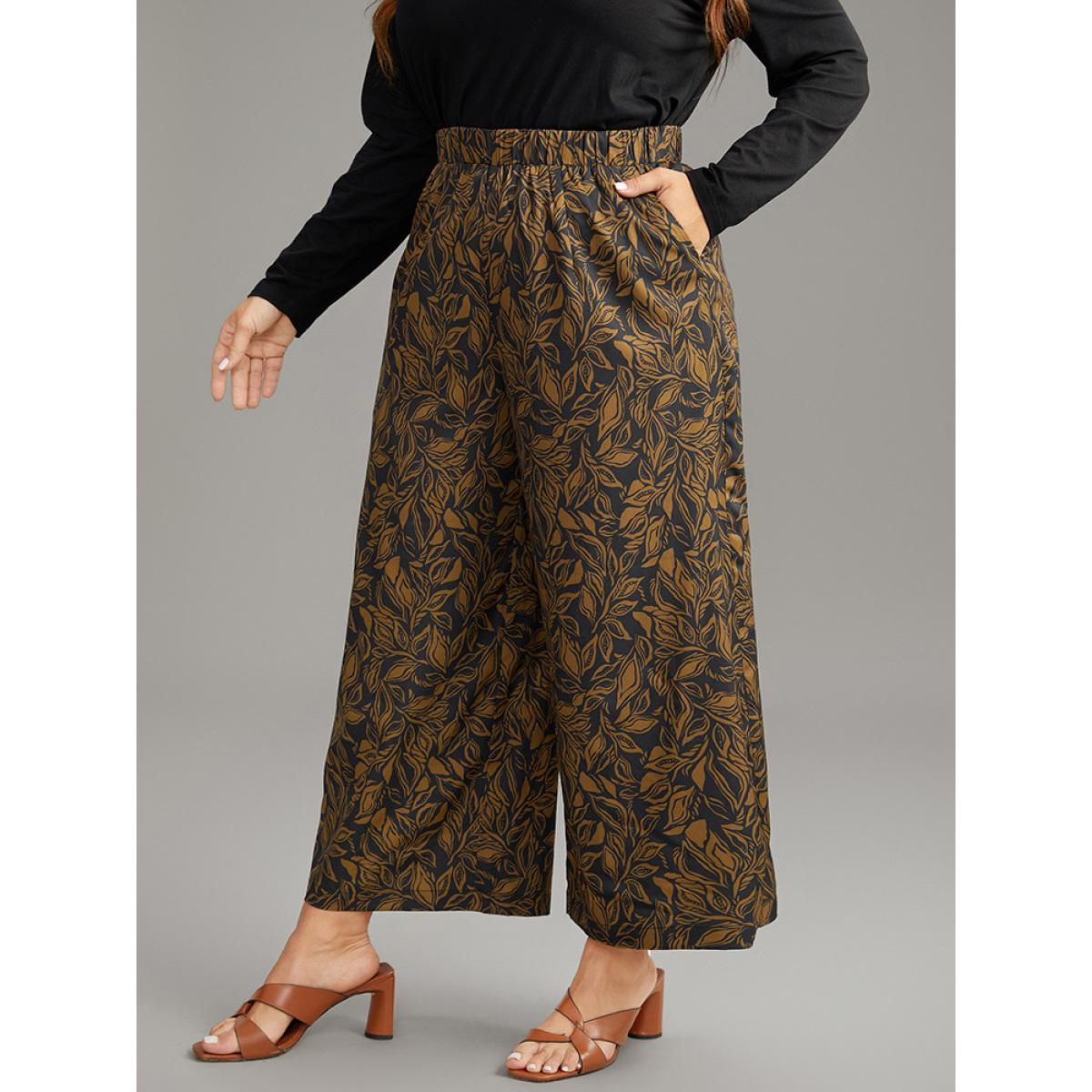 Plus Size Silhouette Floral Print Elastic Waist Wide Leg Pants Women Black Vacation Wide Leg High Rise Dailywear Pants BloomChic 12/L Product Image