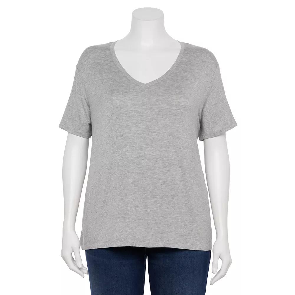Plus Size Nine West Essential Soft Spun Short Sleeve V-Neck Tee, Women's, Size: 1XL, Gray Fox Grey Product Image