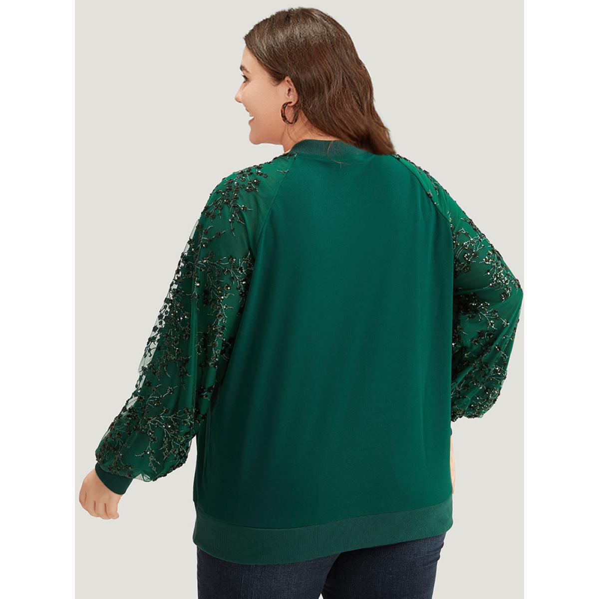 Plus Size Embroidered Patchwork Mesh Zipper Jacket Women Green Elastic cuffs Dailywear Jackets BloomChic 22-24/3X Product Image
