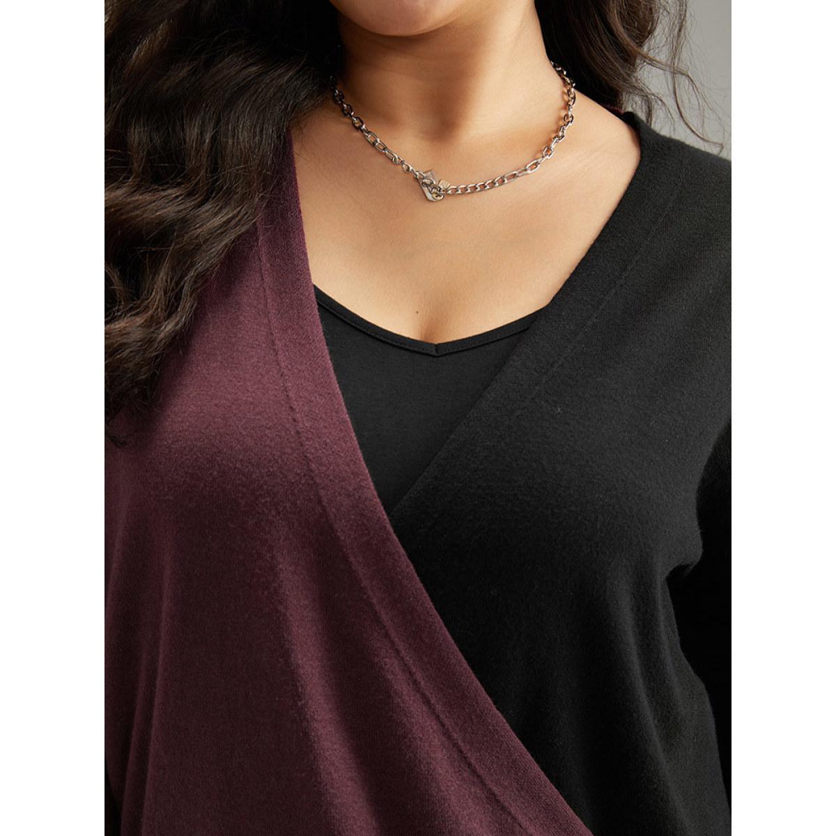 Plus Size Supersoft Essentials Colorblock Surplice Neck Elastic Hem Pullover Burgundy Women Casual Loose Long Sleeve V-neck Everyday Pullovers BloomChic 14-16/1X Product Image