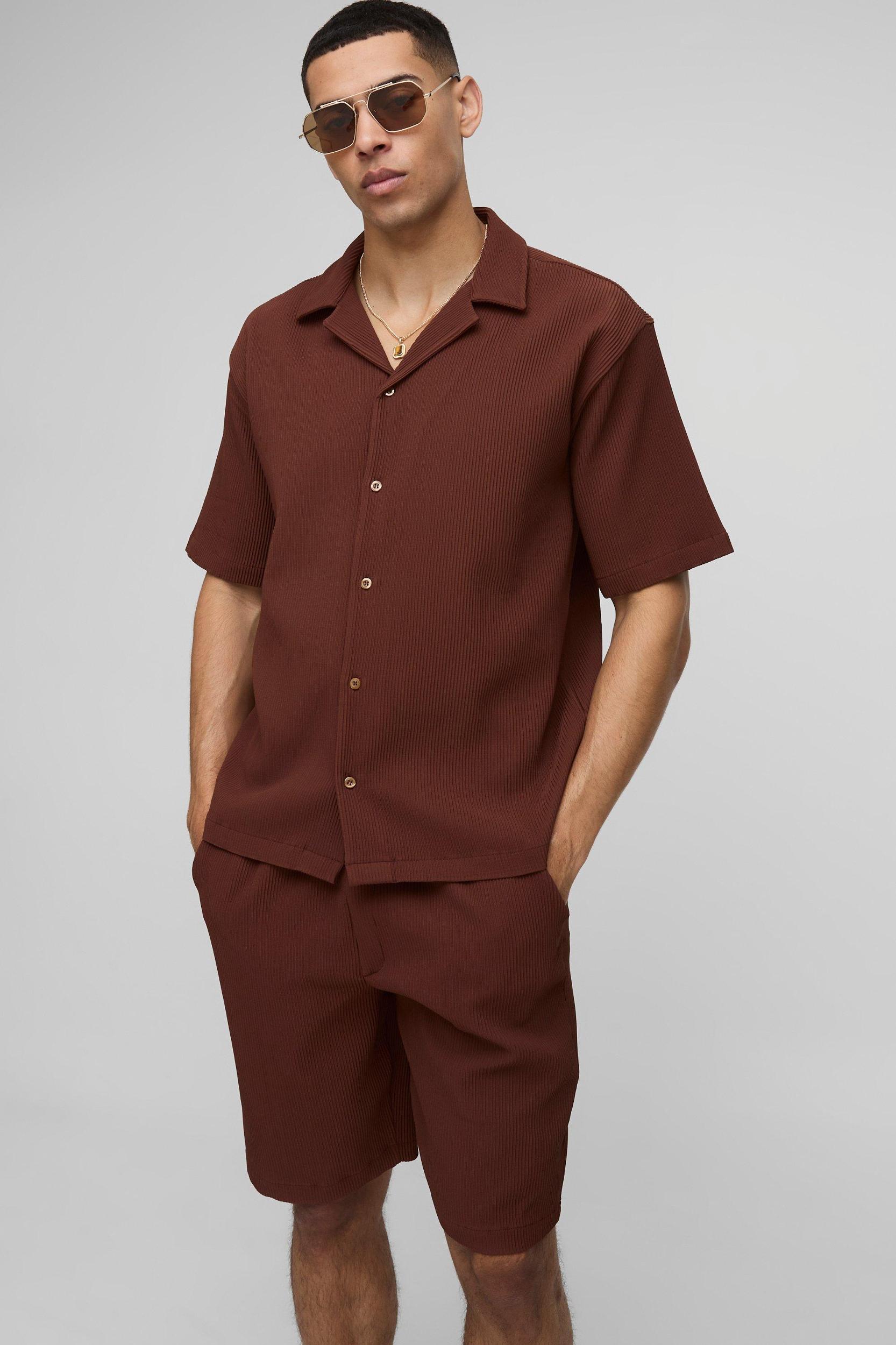 Oversized Revere Pleated Shirt & Short Set | boohooMAN USA Product Image