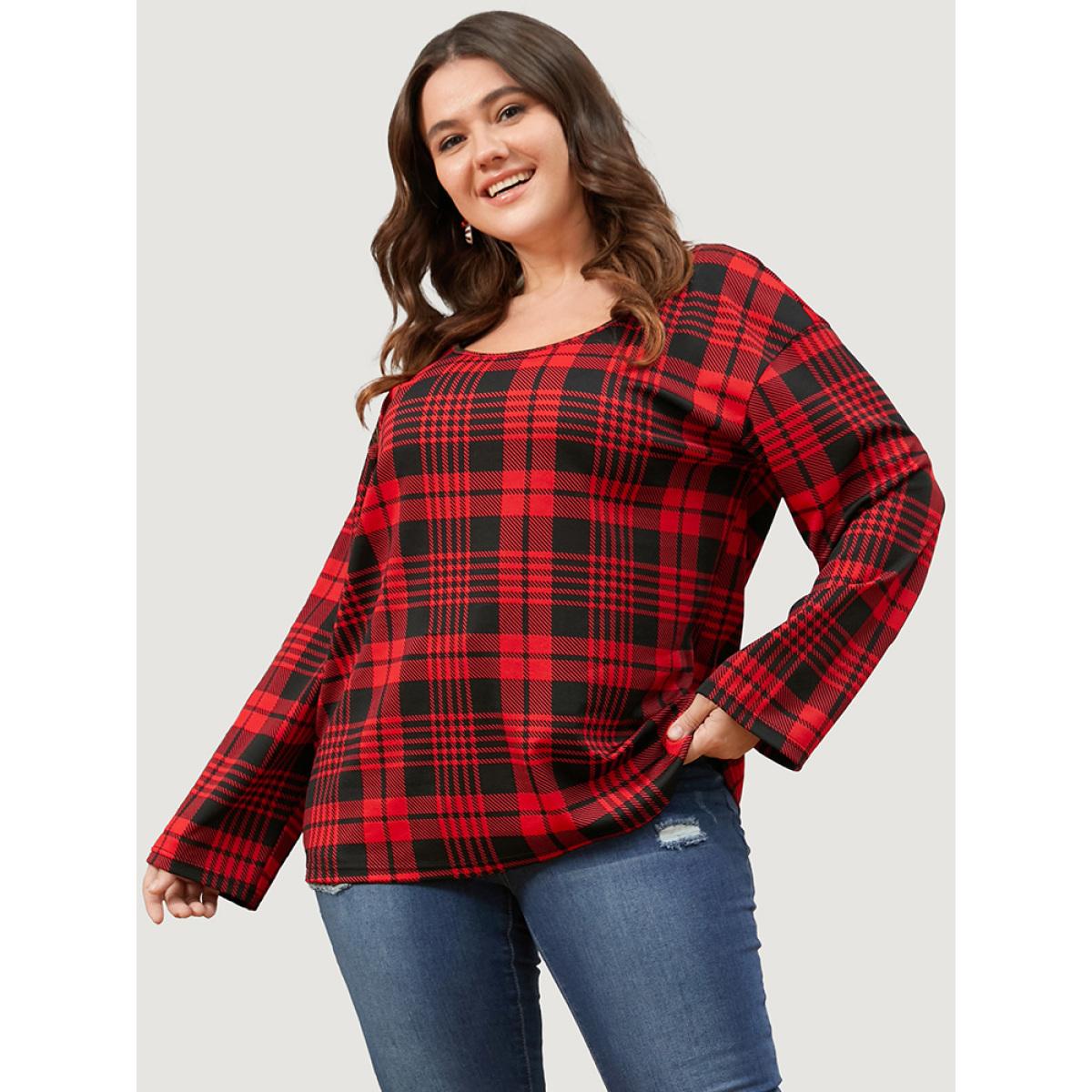 Plus Size Plaid Round Neck Bell Sleeve Sweatshirt Women Scarlet Elegant Round Neck Dailywear Sweatshirts BloomChic 12/L Product Image
