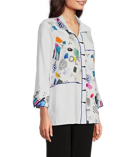 Ali Miles Abstract Print Seam Detail Wire Collar 3/4 Sleeve Button Front Tunic Product Image