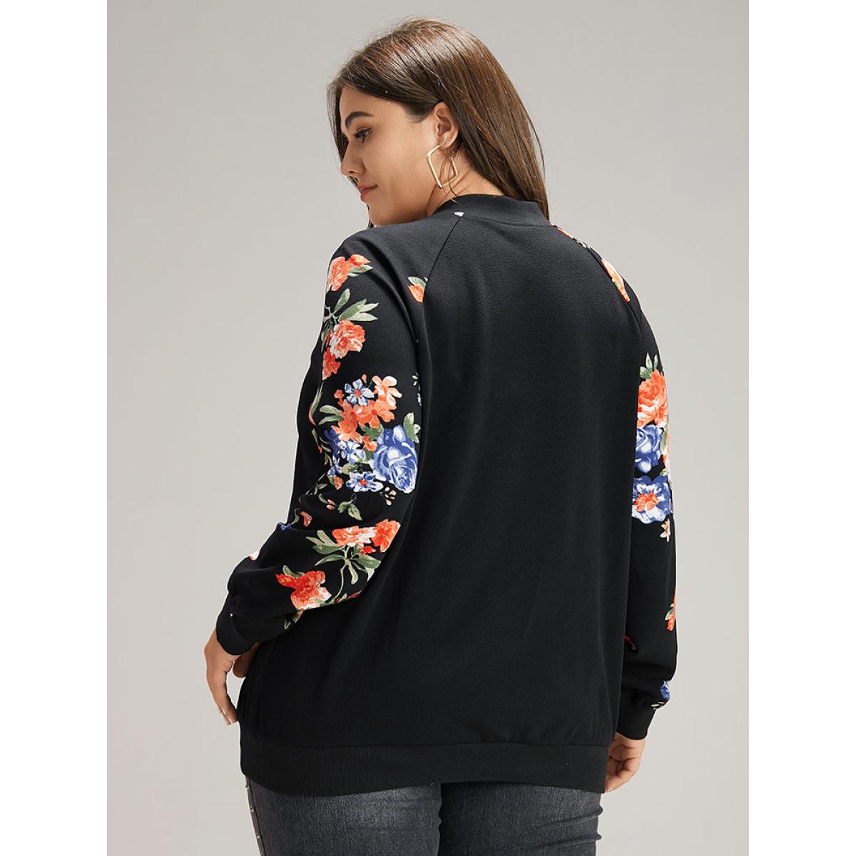 Plus Size Floral Patchwork Zipper Pocket Bomber Jacket Women Black Elastic cuffs Pocket Everyday Jackets BloomChic 28/5X Product Image