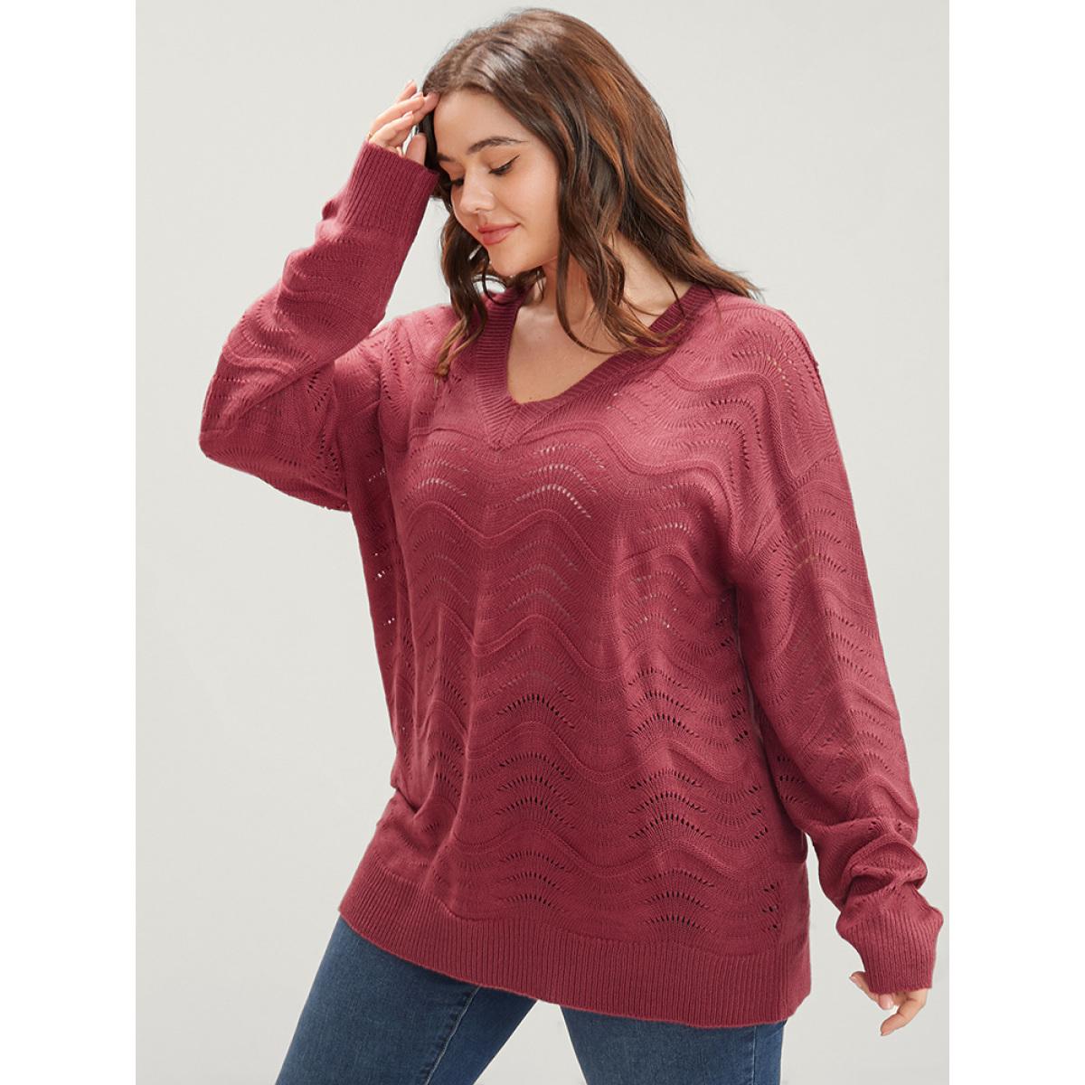 Plus Size Plain Pointelle Knit Water Ripple Eyelet Knit Top Scarlet Women Casual Loose Long Sleeve V-neck Dailywear Pullovers BloomChic 14-16/1X Product Image