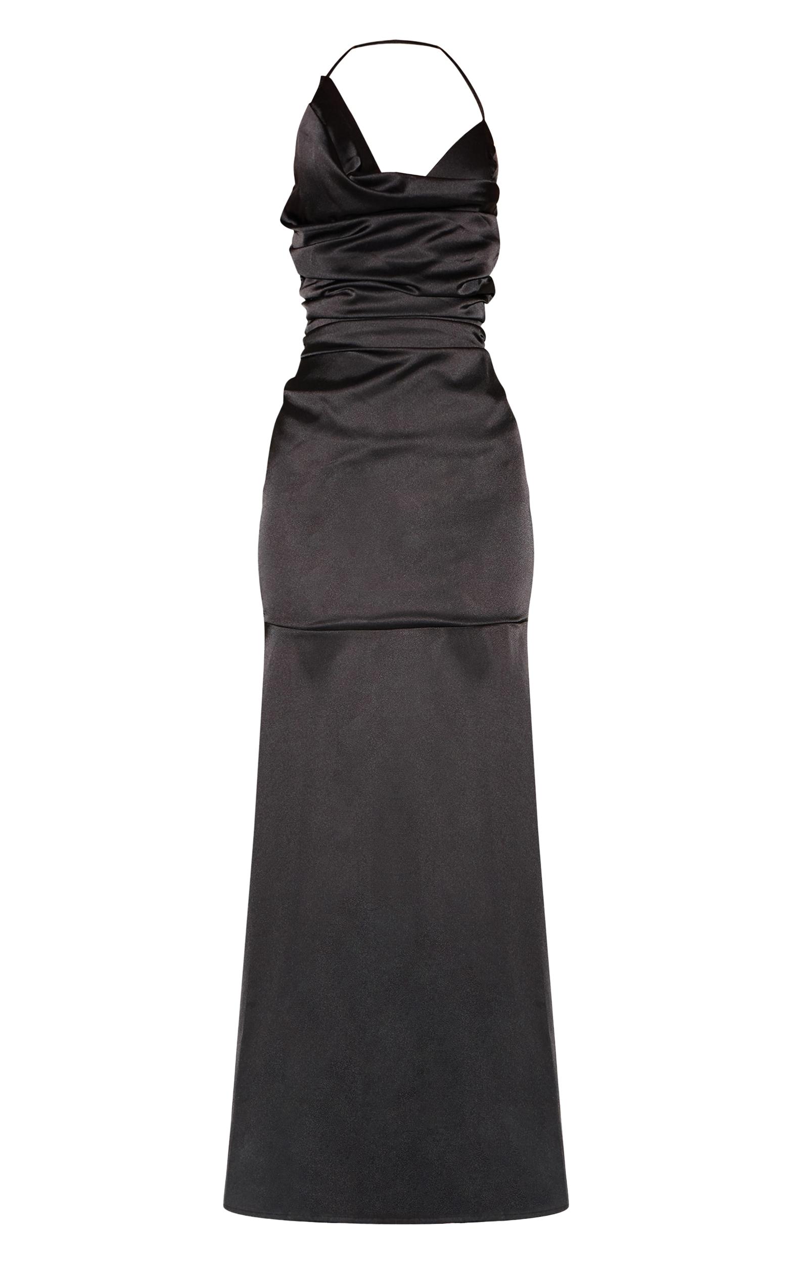 Black Satin Asymetric Drape Maxi Dress Product Image