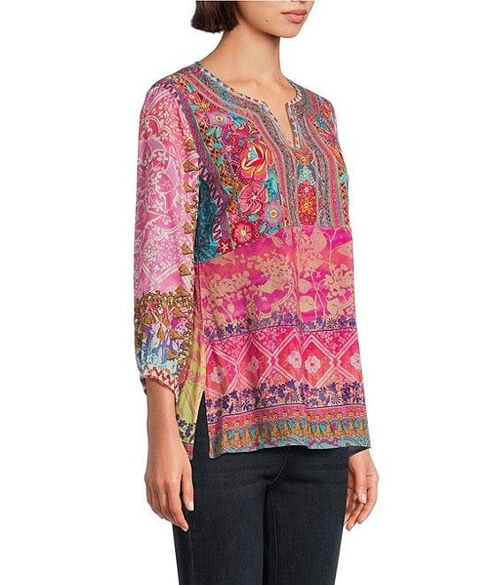 John Mark Embroidered Floral Print Split V-Neck 3/4 Sleeve Tunic Product Image
