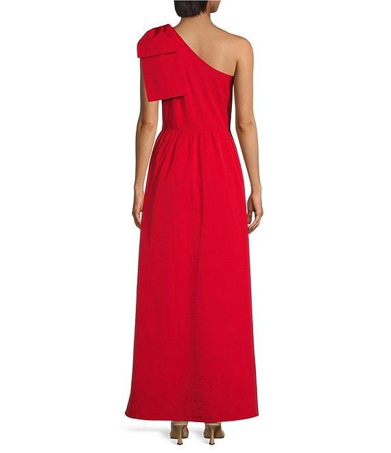 Abbey Glass Caroline Organza Asymmetrical Neck Sleeveless Bow One Shoulder Bow Pocketed A-Line Gown Product Image