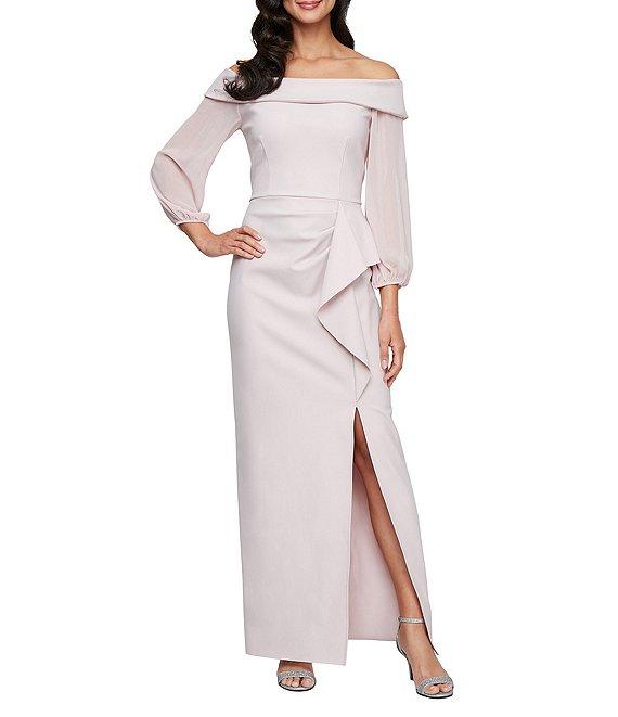 Alex Evenings Off-The-Shoulder Long Illusion Sleeve Cascade Ruffle Skirt Front Slit Sheath Dress Product Image