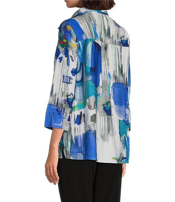 Ali Miles Petite Size Woven Abstract Print Wire Collar 3/4 Sleeve Button Front Tunic Product Image