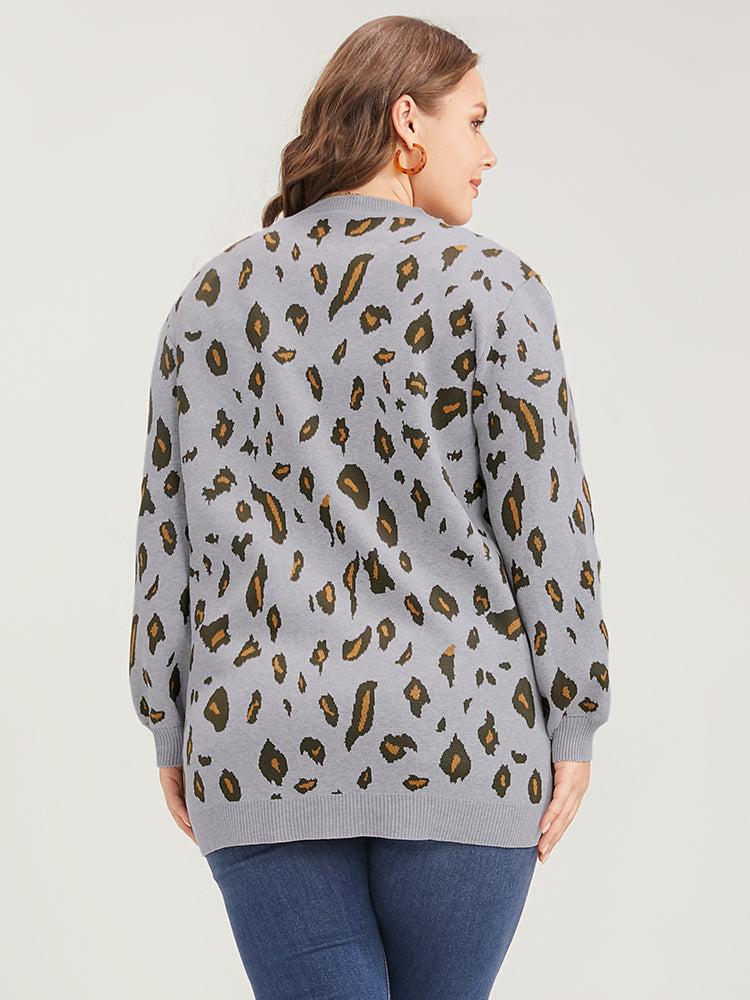 Leopard Super Soft Knit Pocket Jacquard Open Front Cardigan Female Product Image