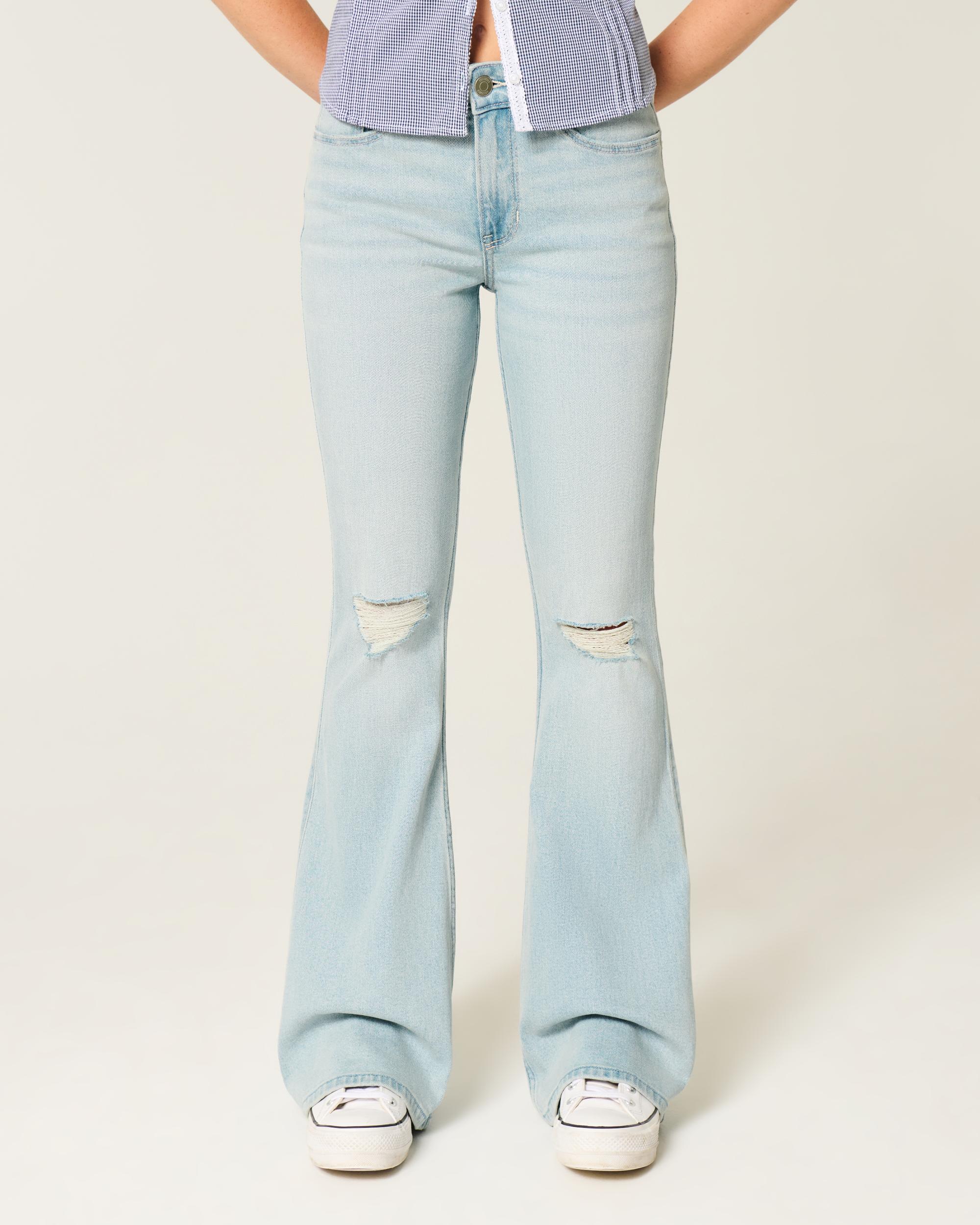 High-Rise Ripped Light Wash Flare Jeans Product Image