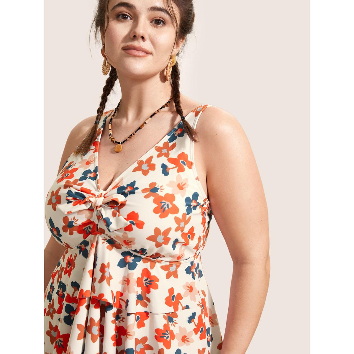Plus Size Floral Tie Knot Tiered Ruffles Swim Top Women's Swimwear Beige Beach Tie knot High stretch Bodycon V-neck Curve Swim Tops BloomChic 12/L Product Image