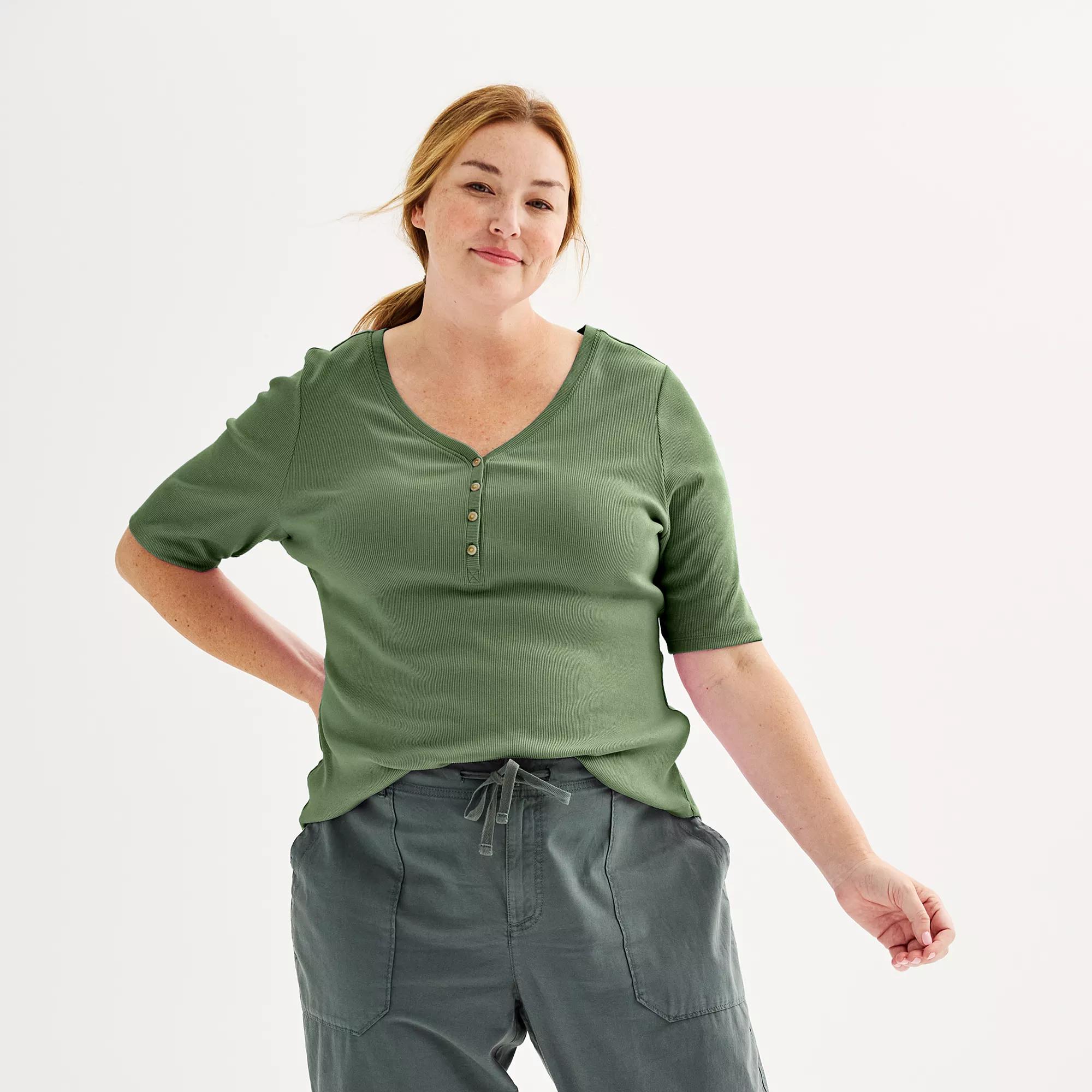 Plus Size Sonoma Goods For Life® Slim Fit Elbow Sleeve Henley, Women's, Size: 4XL, Pitch Black Product Image