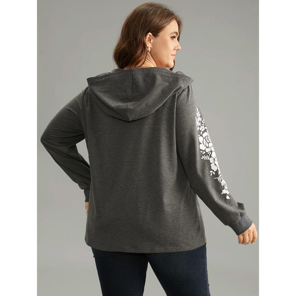 Plus Size Floral Print Hooded Rib Knit Sweatshirt Women DimGray Elegant Printed Hooded Dailywear Sweatshirts BloomChic 26/4X Product Image