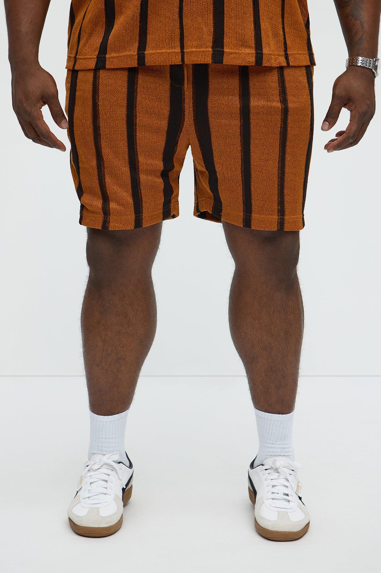 Open Knit Striped Textured Relaxed Short - Brown Product Image