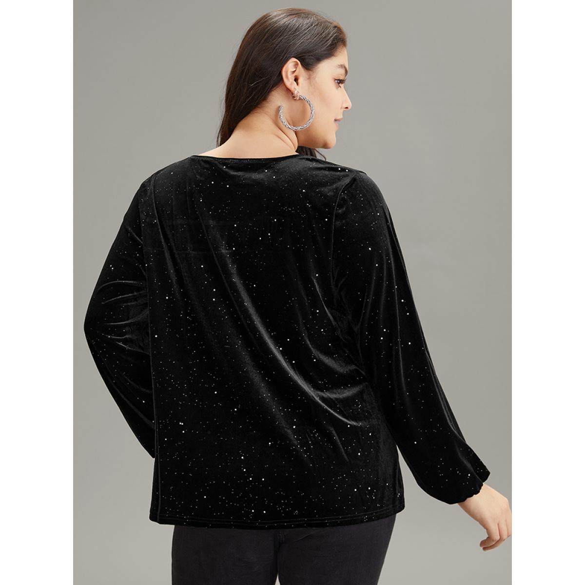 Plus Size Black Velvet Seam Detail Pleated Blouse Women Glamour Long Sleeve Round Neck Going out Blouses BloomChic 22-24/3X Product Image