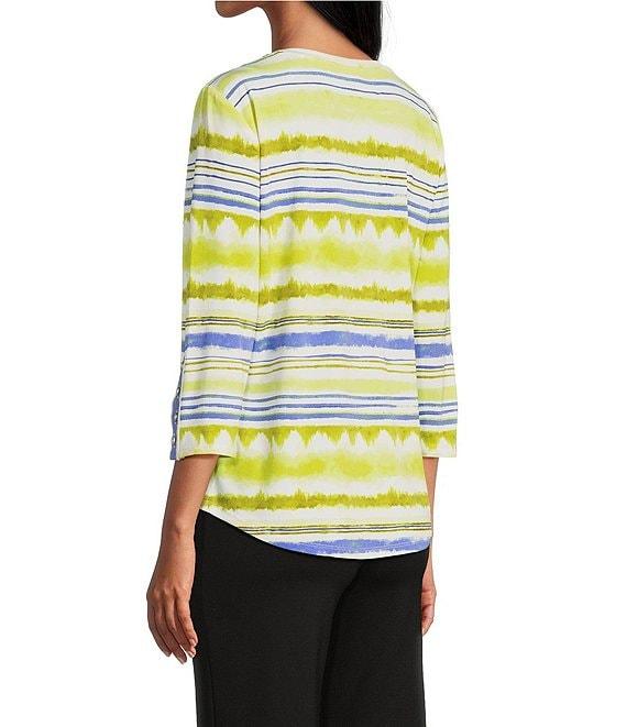 Slim Factor by Investments Watercolor Stripe Print Crew Neck 3/4 Sleeve Snaps Top Product Image