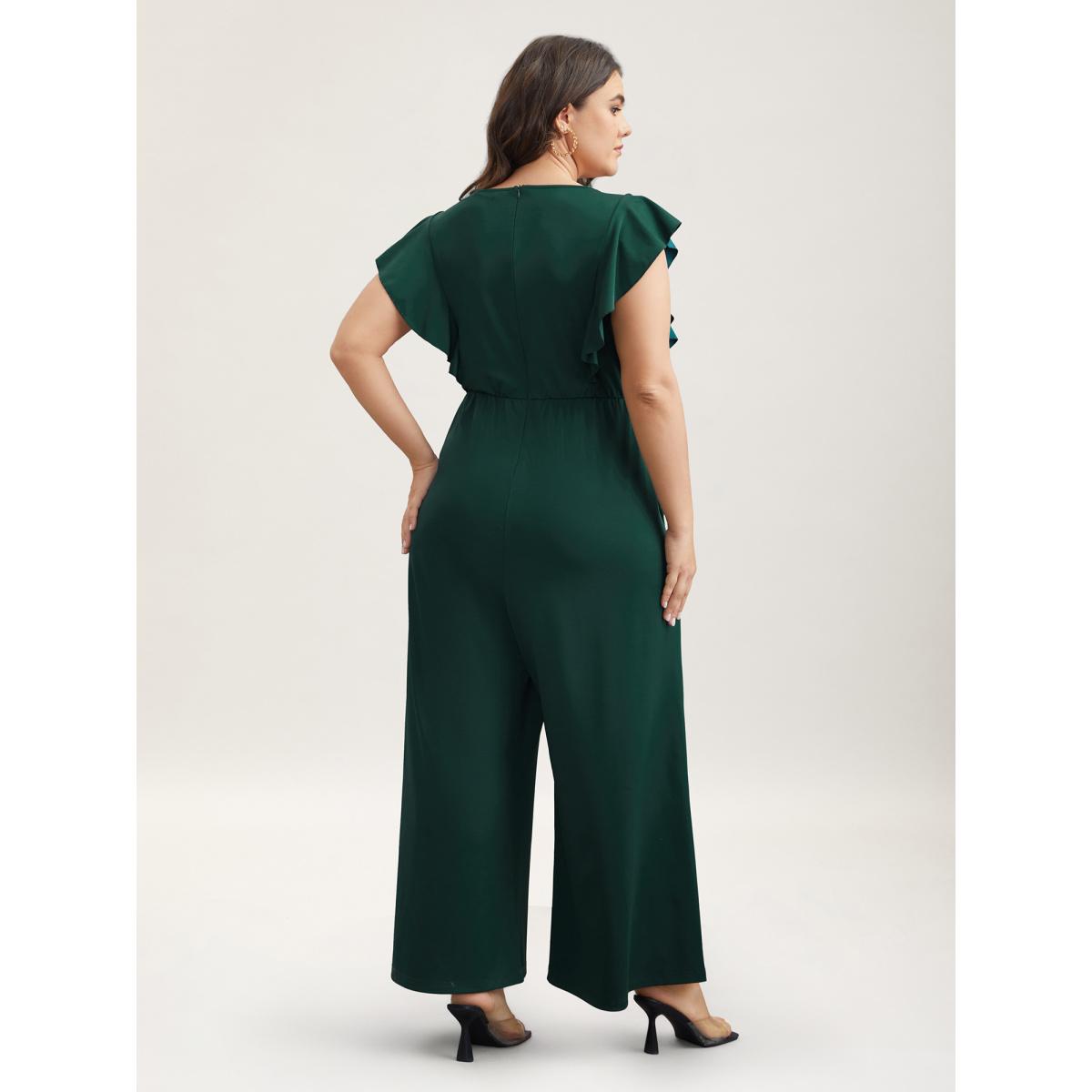 Plus Size DarkGreen Flutter Sleeve Waist Cinched Flared Jumpsuit Women Elegant Cap Sleeve Round Neck Everyday-Elegant Loose Jumpsuits BloomChic 22-24/3X Product Image