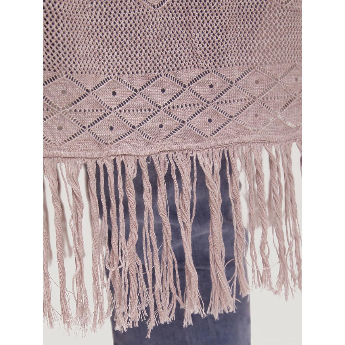 Plus Size Geometric Eyelet Fringe Trim Open Front Cardigan WhiteSmoke Women Casual Loose Long Sleeve Dailywear Cardigans BloomChic 28/5X Product Image