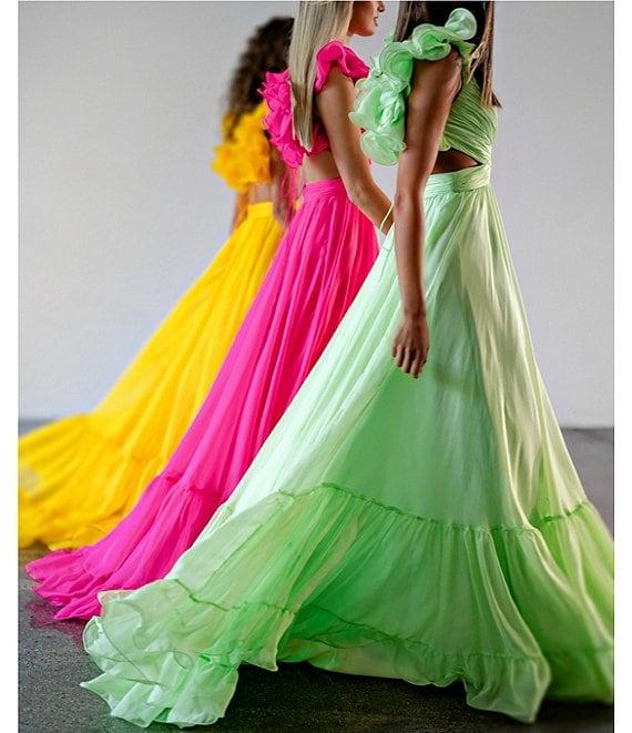 Ieena Mac Duggal Chiffon V-Neck Sleeveless Cut-Out Strappy Back Detail Tiered Ruffle Hem Gown Product Image