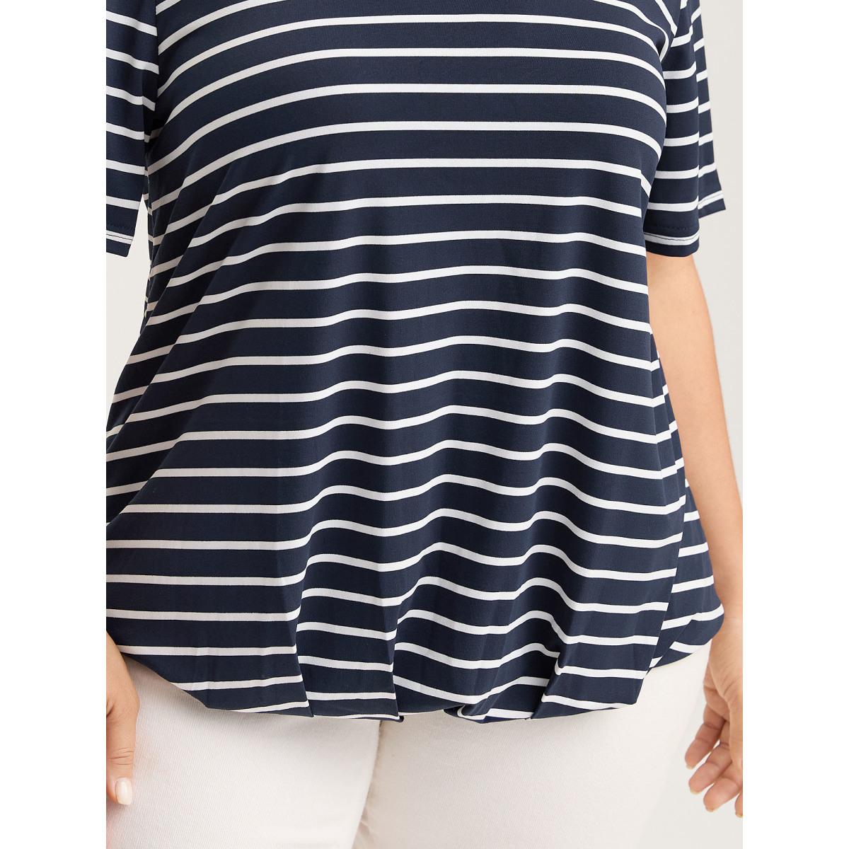 Plus Size Striped Relaxed Fit Round Neck T-Shirt Indigo Women Pleated Round Neck Everyday-Casual T-shirts BloomChic 14-16/1X Product Image