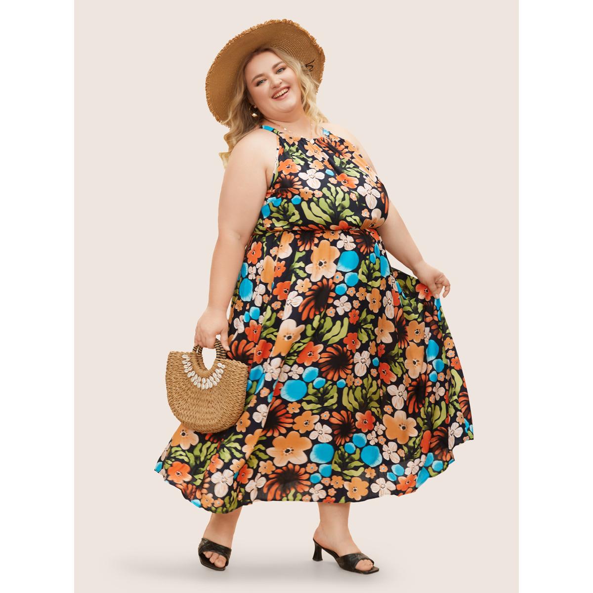 Plus Size Floral Printed Patchwork Side Seam Pocket Dress Indigo Women Resort Gathered Non Sleeveless Curvy BloomChic 26/4X Product Image