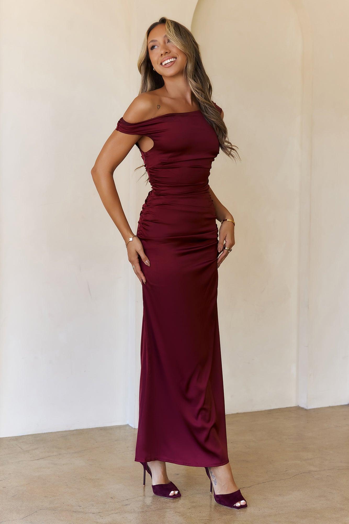 Polished Radiance Off Shoulder Satin Maxi Dress Red Product Image