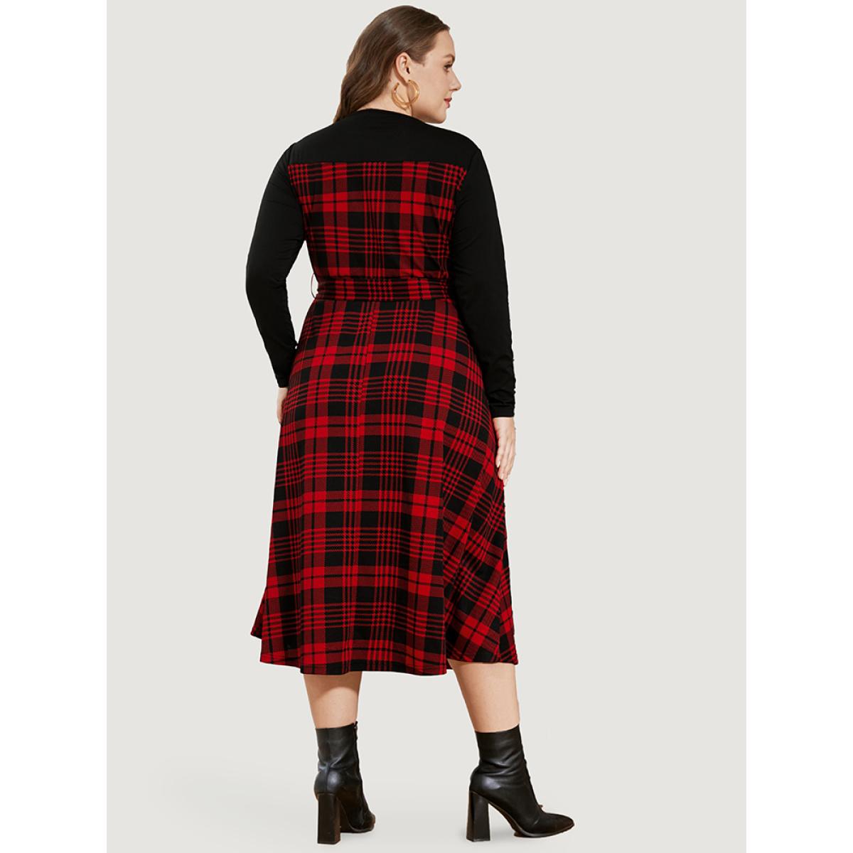 Plus Size Plaid Patchwork Round Neck Pocket Belted Dress Red Women Elegant Patchwork Round Neck Long Sleeve Curvy Midi Dress BloomChic 22-24/3X Product Image
