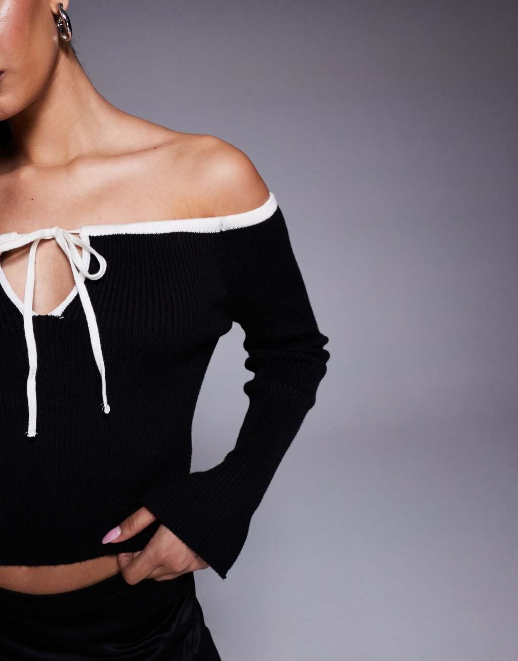 ASOS DESIGN knit off the shoulder sweater with contrast trim in black Product Image
