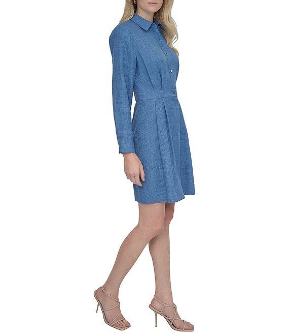 DKNY by Donna Karan Point Collar Long Sleeve Button Front Melange Washer Shirtdress Product Image
