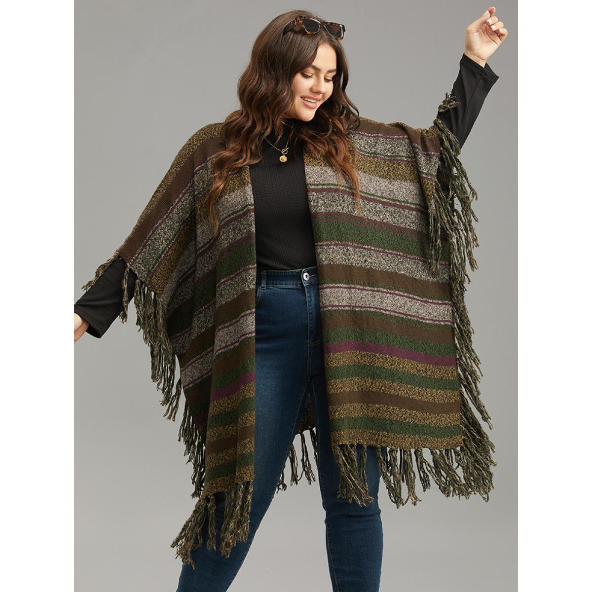 Plus Size Contrast Striped Fringe Trim Drape Cardigan Multicolor Women Casual Loose Sleeveless Everyday Cardigans BloomChic 28/5X Product Image
